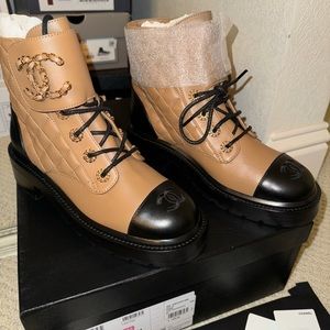 NWT Chanel Leather Quilted CC Chain Combat Lace Up Ankle Boot- Woman’s 7